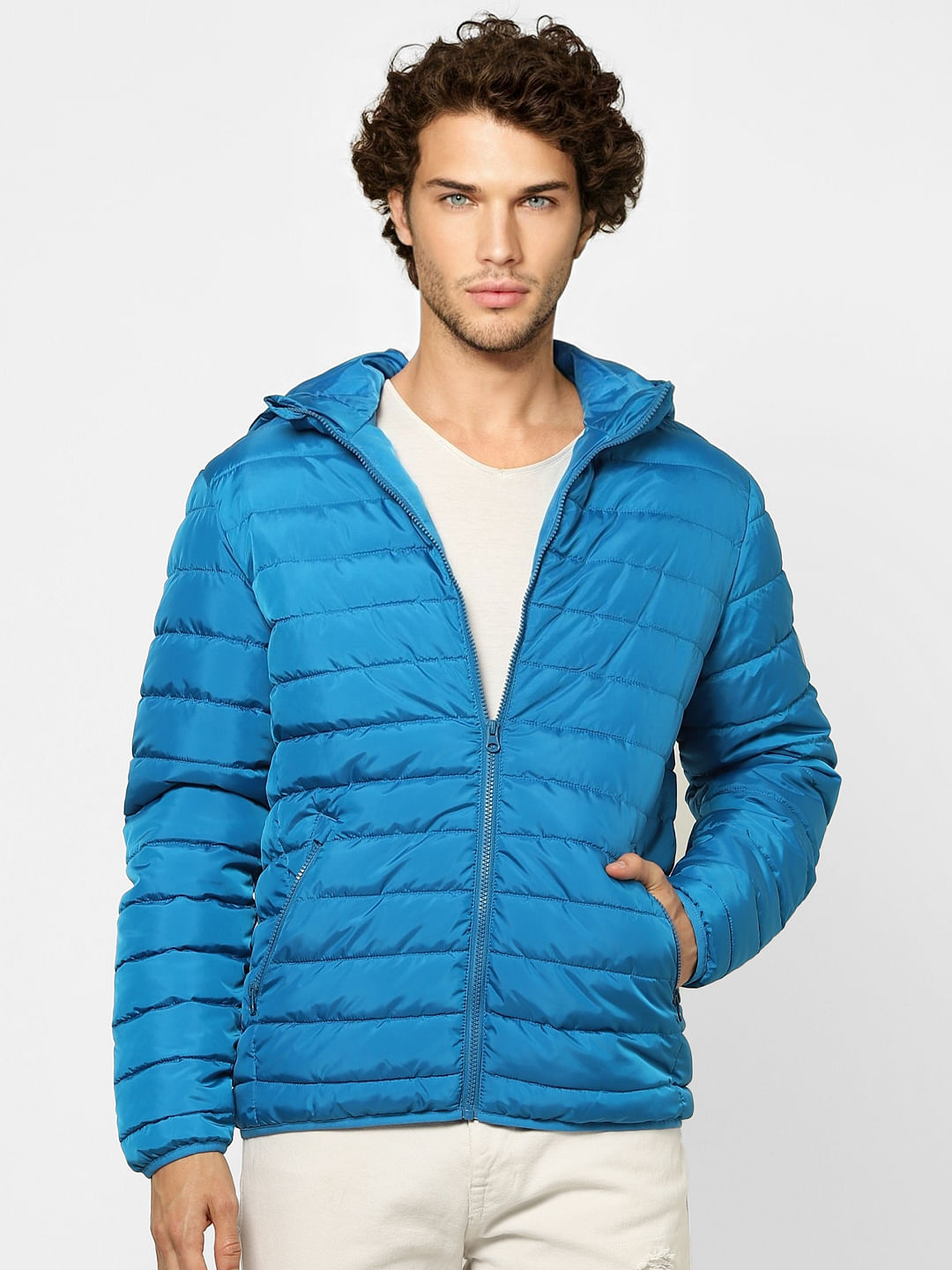 Buy Men Blue Hooded Puffer Jacket Online