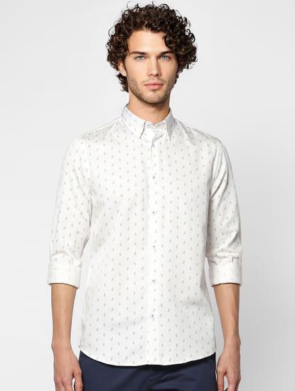 White Slim Fit Full Sleeves All Over Print Shirt