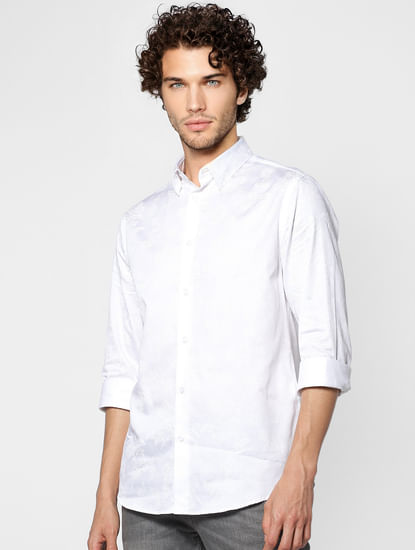 White Slim Fit Full Sleeves Floral Print Shirt