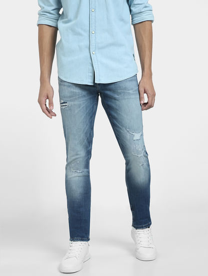 Blue Low Rise Distressed Liam Skinny Jeans