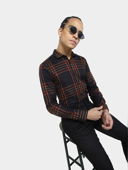Black & Orange Check Full Sleeves Shirt