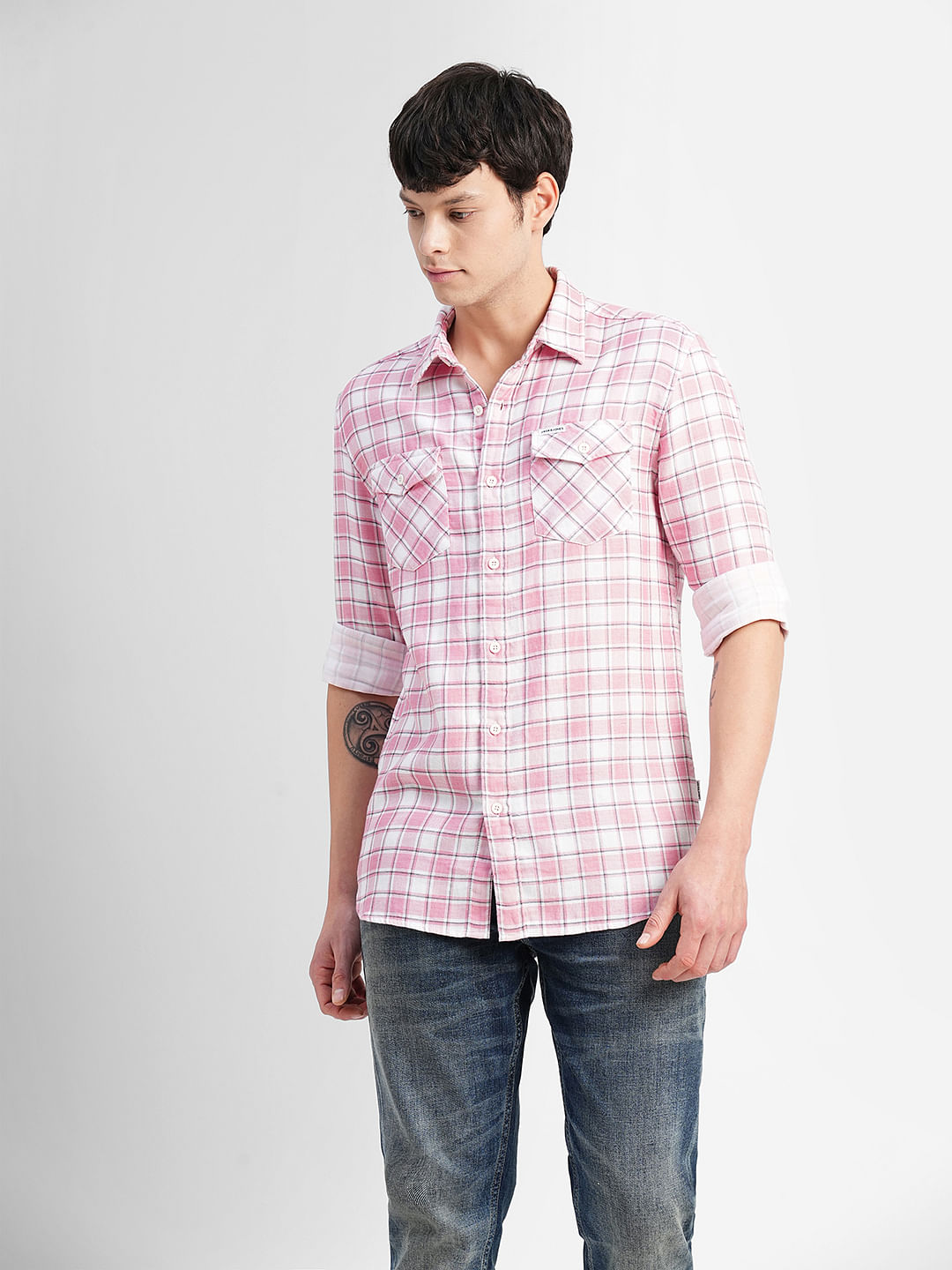 Pink checkered shirt outlet mens