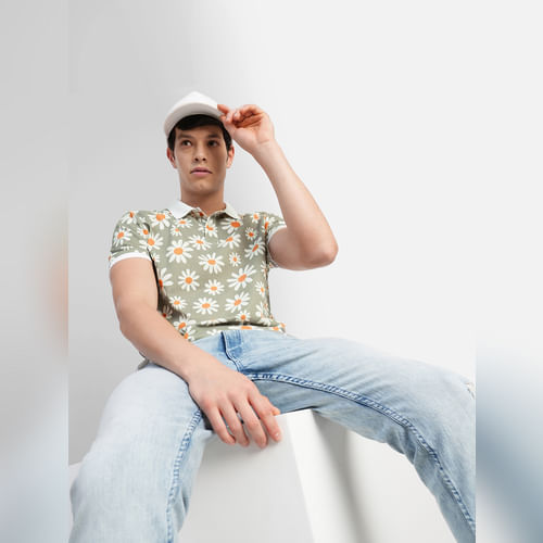 JACK&JONES White Floral Print Polo Neck T-shirt