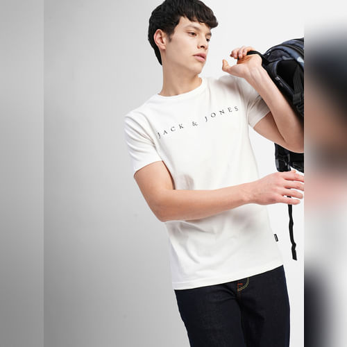 JACK&JONES White Logo Text Print Crew Neck T-shirt