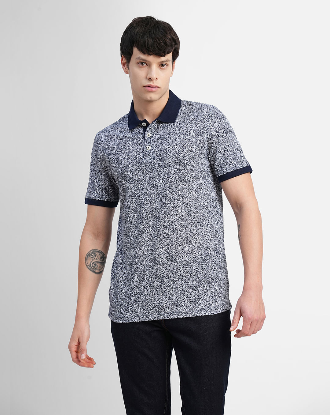 Buy Navy Blue Printed Polo Neck T-shirt for Men