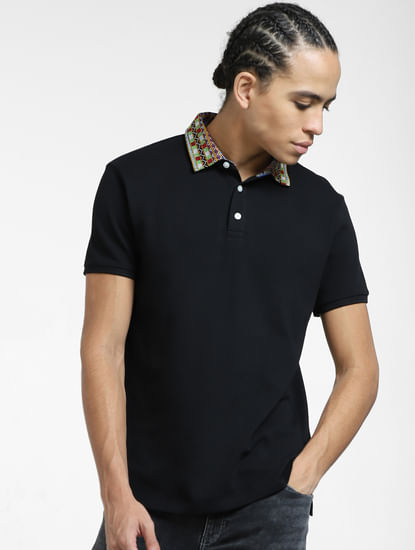 Black Patchwork Collar Polo T-shirt