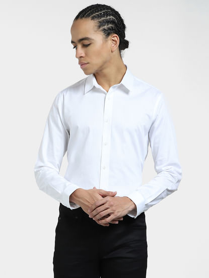 White Self-Print Full Sleeves Shirt