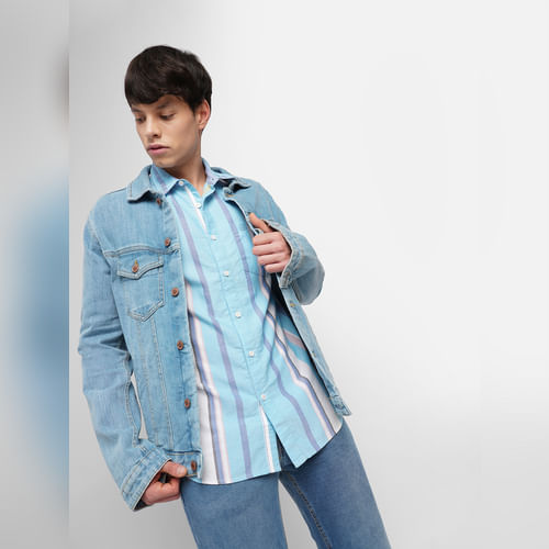 JACK&JONES Light Blue Striped Full Sleeves Shirt