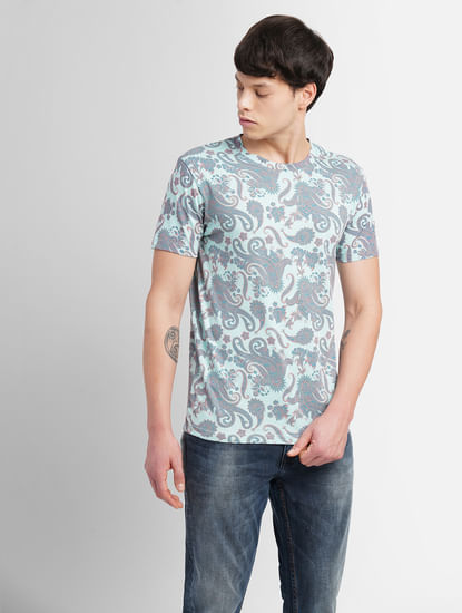 Turquoise Abstract Print Crew Neck T-shirt