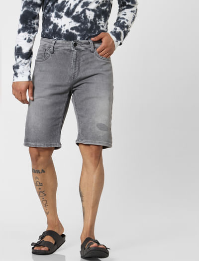 Grey Mid Rise Regular Fit Denim Shorts