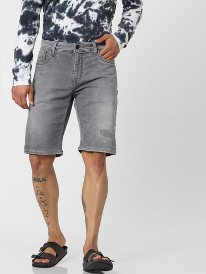 Grey Mid Rise Regular Fit Denim Shorts