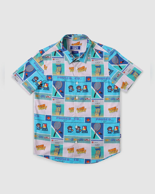 Boys Blue Gaming Print Short Sleeves Shirt