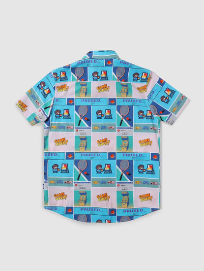 Boys Blue Gaming Print Short Sleeves Shirt