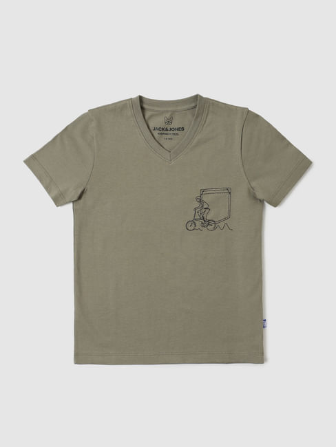 Boys Green Graphic Print V Neck T-shirt