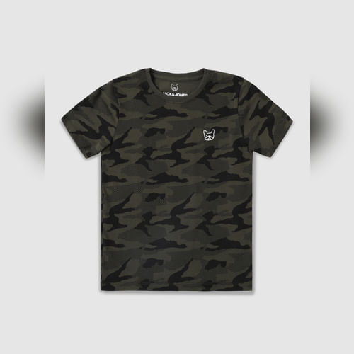 JACK&JONES Boys Green Camo Print Crew Neck T-shirt
