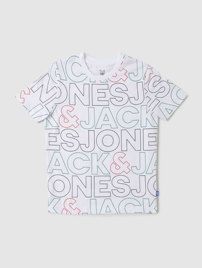 Boys White All Over Logo Print Crew Neck T-shirt