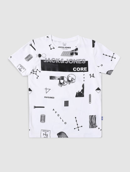 Boys White Graphic Print Crew Neck T-shirt