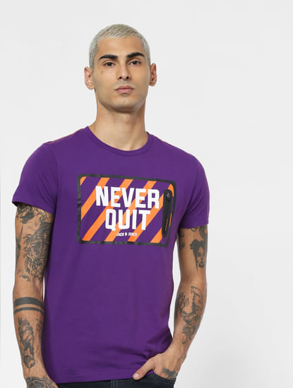  Purple Front Zip Crew Neck T-shirt