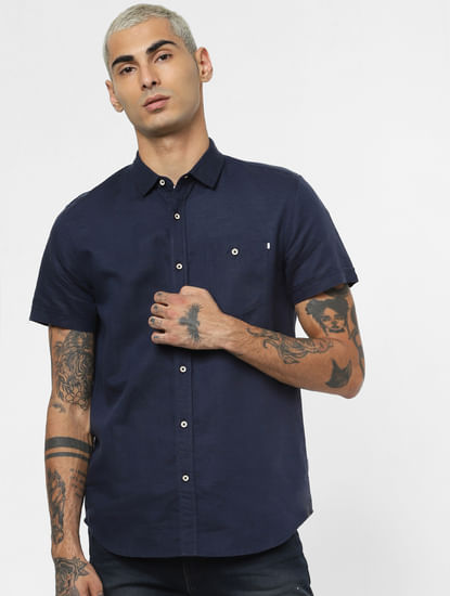  Dark Blue Linen Short Sleeves Shirt