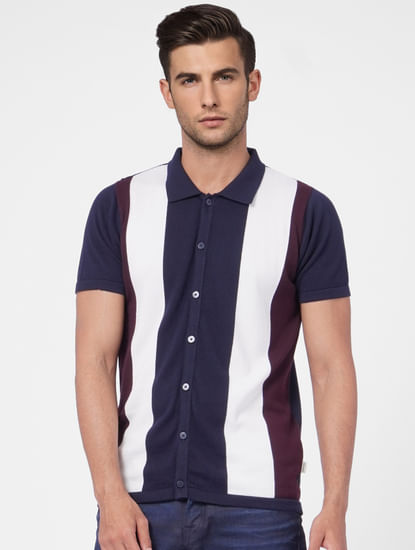 Blue Striped Knit Polo T-shirt