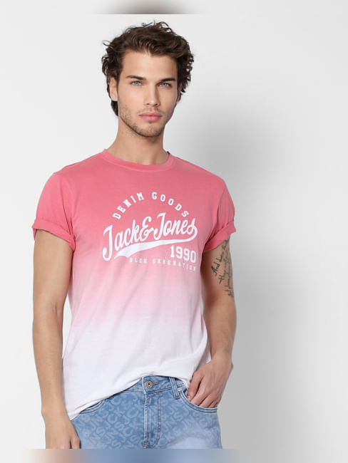 Pink Ombre Crew Neck Text Print T-shirt