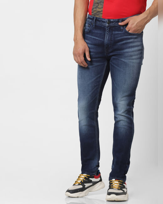 Blue Mid Rise Liam Skinny Fit Washed Jeans