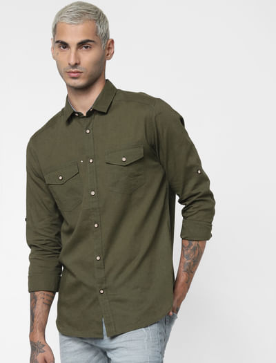 Green Washed Linen Full Sleeves Shirt