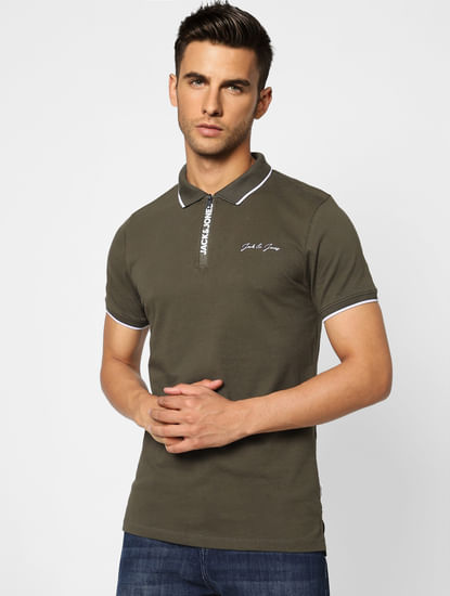 Olive Logo Zip-Up Polo T-shirt