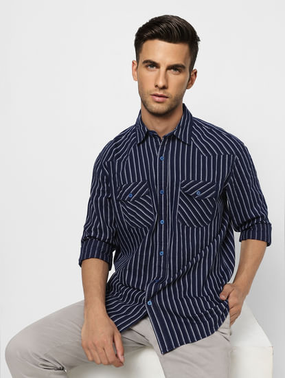 Navy Blue Striped Full Sleeves Shirt