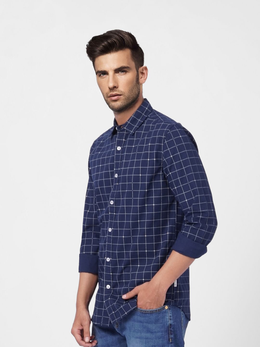 Blue check store shirt with jeans