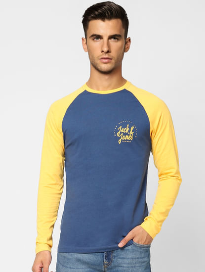Blue Colourblocked Full Sleeves T-shirt