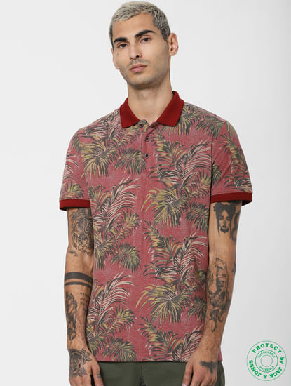 Red Tropical Print Polo T-shirt