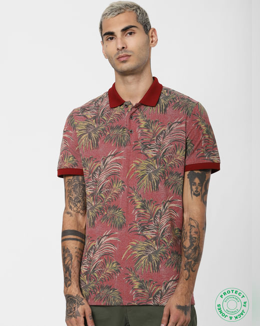 Red Tropical Print Polo T-shirt