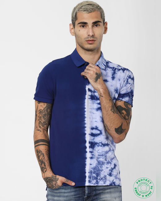 Blue Colourblocked Polo Neck T-shirt