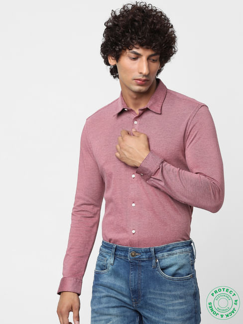 Pink Full Sleeves Slim Fit Knit Shirt