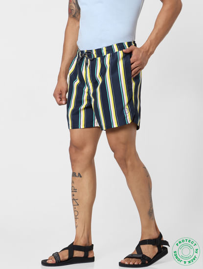 Navy Blue Mid Rise Striped Swimshorts