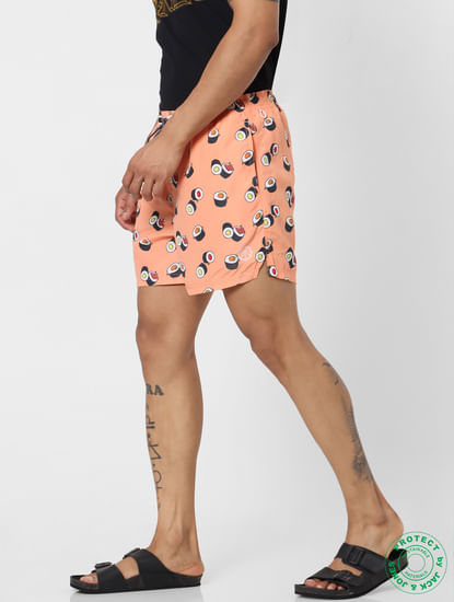 Peach Mid Rise All Over Print Swimshorts