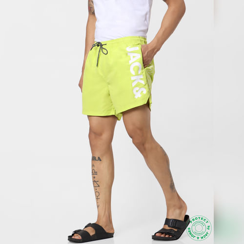 Lime Mid Rise Logo Print Drawstring Swimshorts