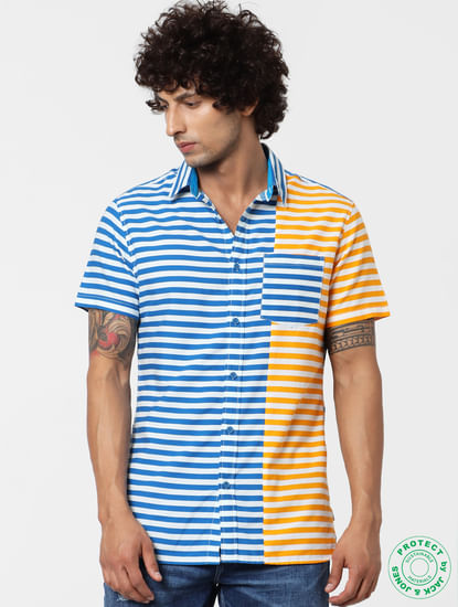 Blue & Orange Striped Short Sleeves Shirt