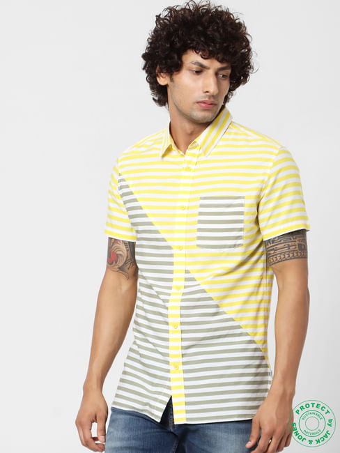 Yellow & Grey Striped Short Sleeves Shirt