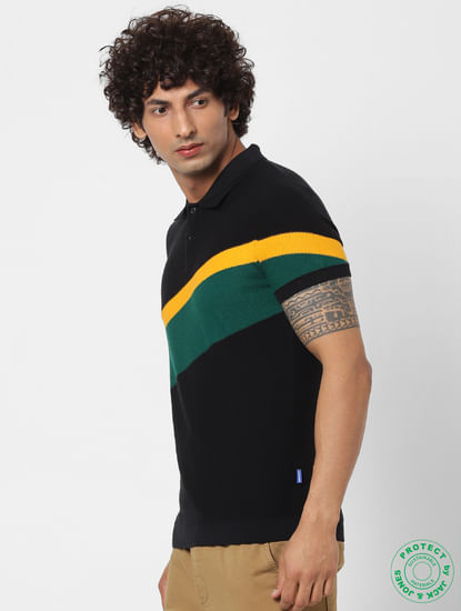 Black Colourblocked Polo Neck T-shirt