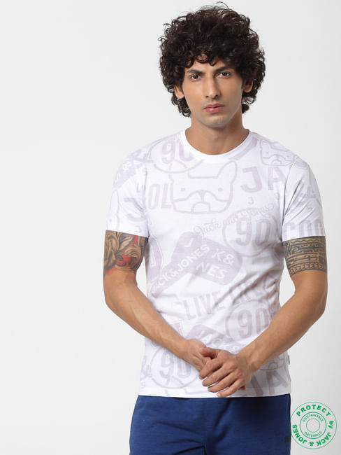 White All Over Graphic Print Crew Neck T-shirt