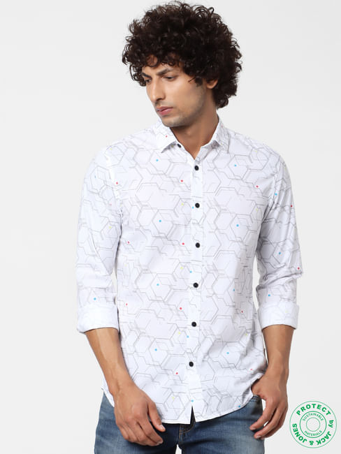 White Geometric Print Full Sleeves Shirt