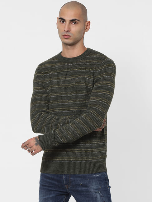 Green Textured Striped Pullover