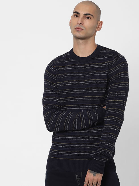 Blue Textured Striped Pullover