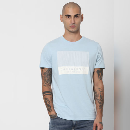 JACK&JONES Light Blue Logo Print Crew Neck T-shirt