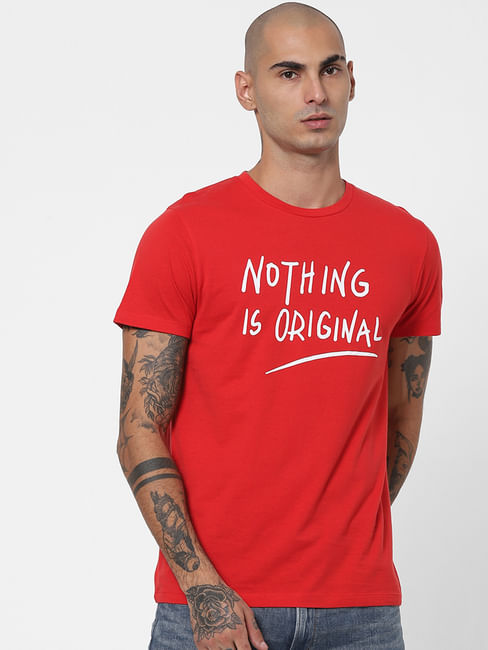 Red Slogan Print Crew Neck T-shirt