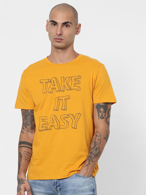 Yellow Slogan Print Crew Neck T-shirt