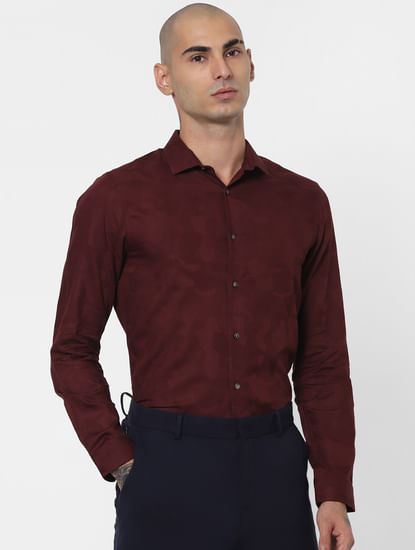Maroon Jacquard Full Sleeves Shirt