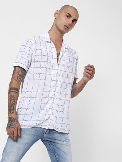 White Logo Grid Print Half Sleeves Shirt